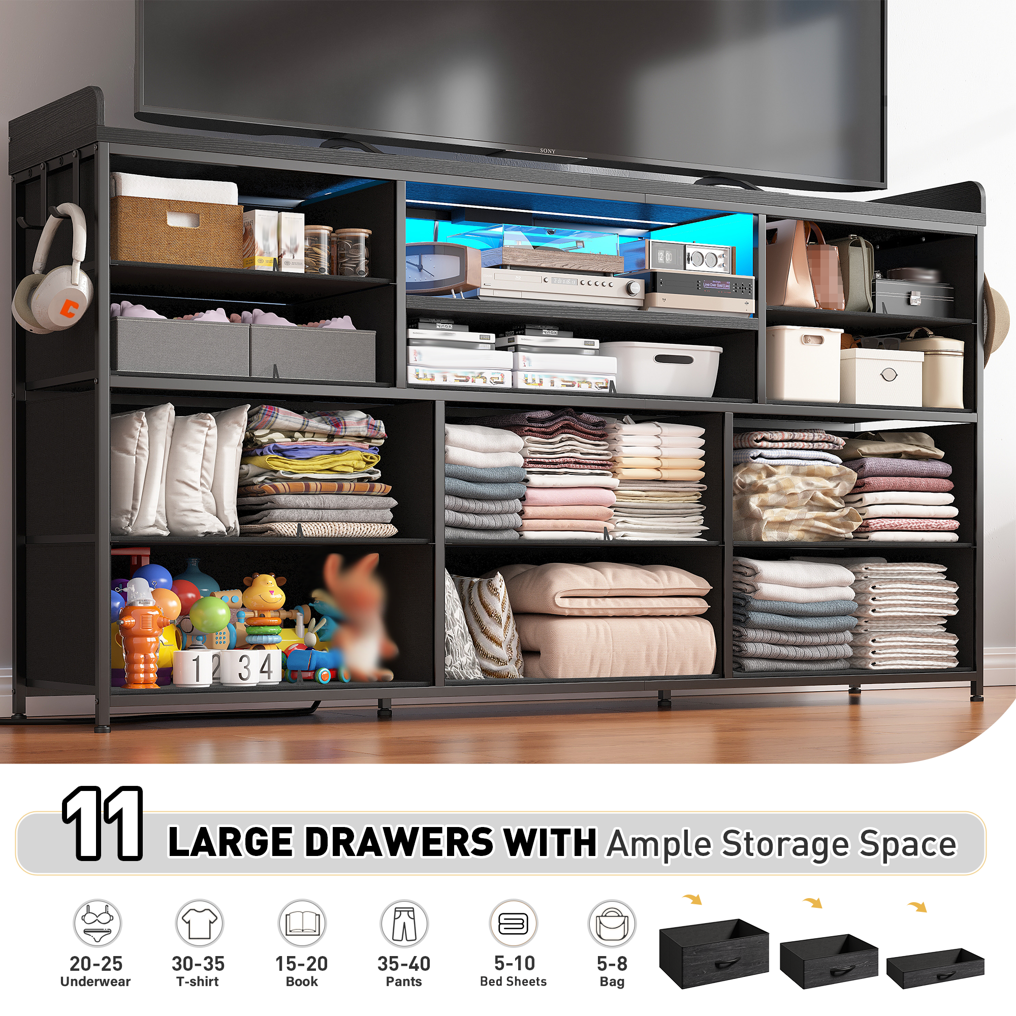 ‌60" Dresser TV Stand w/11 Drawers | LED Lights, Power Outlets & Hooks | Sturdy Metal Frame & Wood Top-Charcoal Black-snhomee