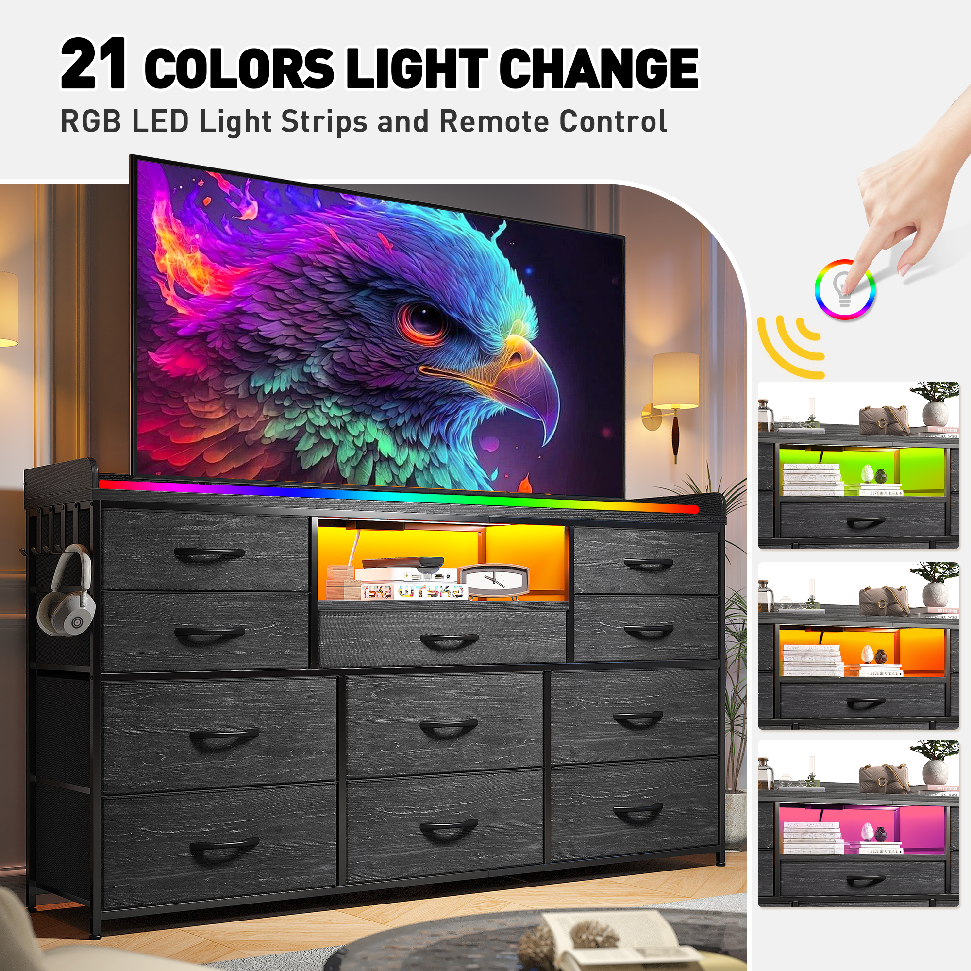 ‌60" Dresser TV Stand w/11 Drawers | LED Lights, Power Outlets & Hooks | Sturdy Metal Frame & Wood Top-Charcoal Black-snhomee