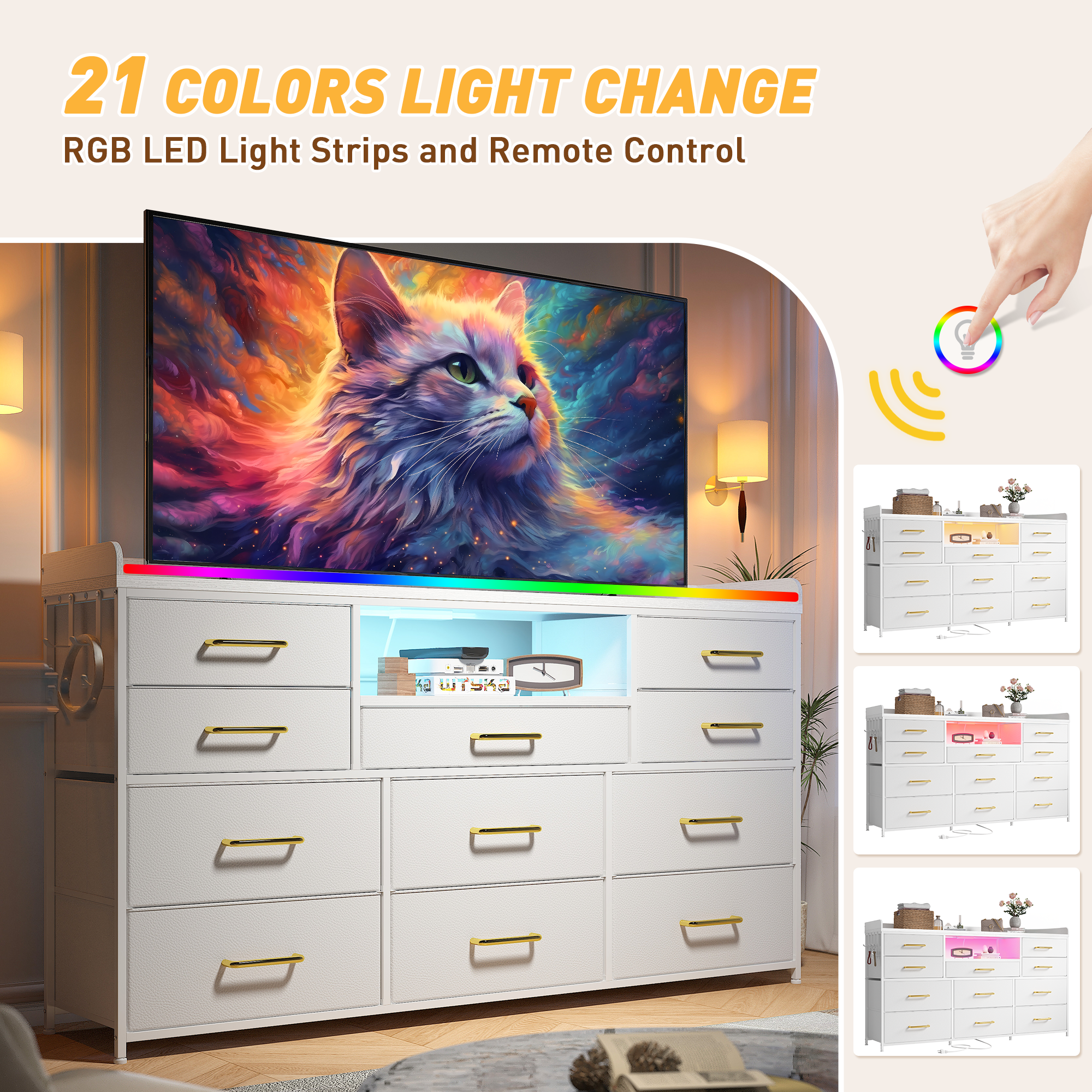 ‌60" Dresser TV Stand w/11 Drawers | LED Lights, Power Outlets & Hooks | Sturdy Metal Frame & Wood Top-Charcoal Black-snhomee