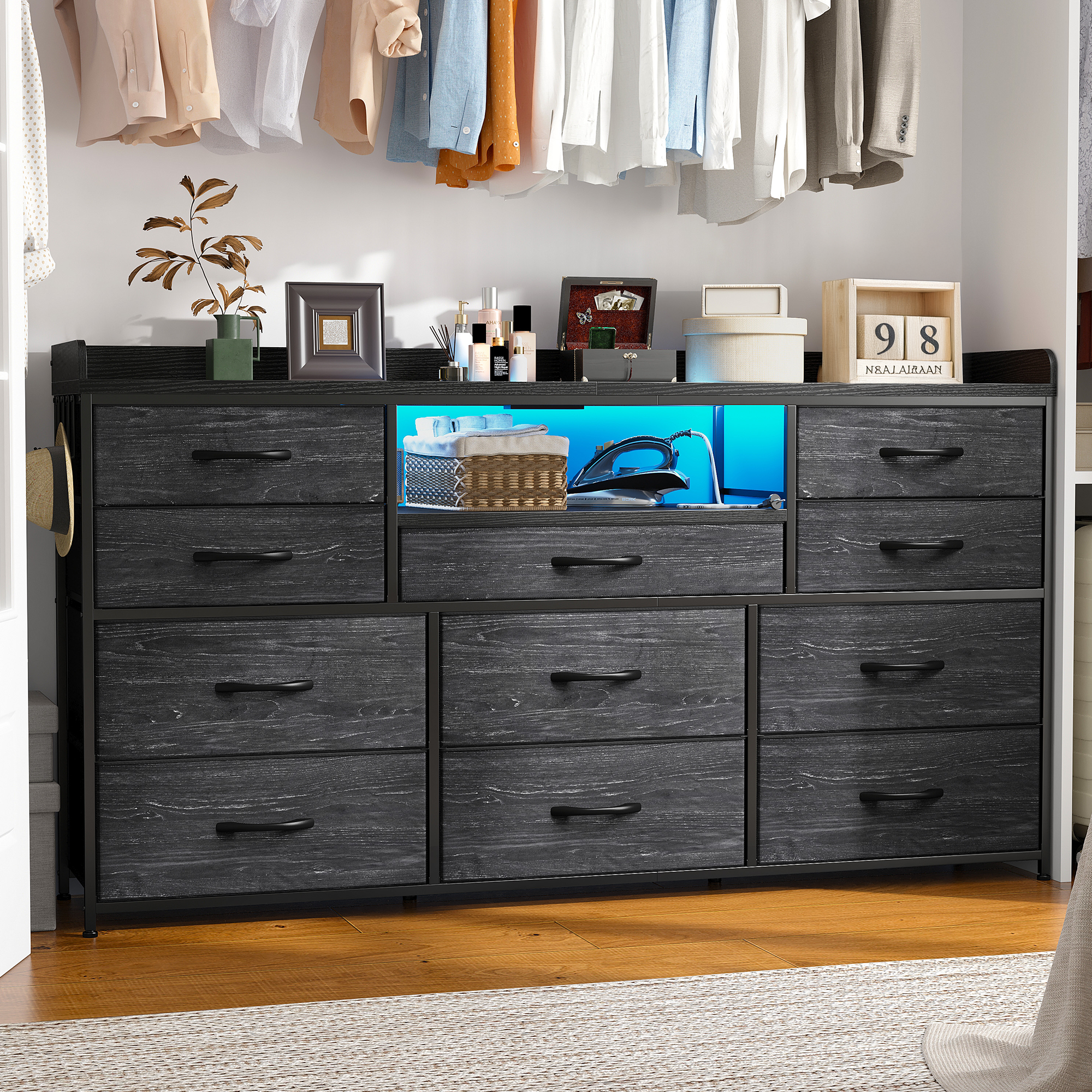 ‌60" Dresser TV Stand w/11 Drawers | LED Lights, Power Outlets & Hooks | Sturdy Metal Frame & Wood Top-Charcoal Black-snhomee