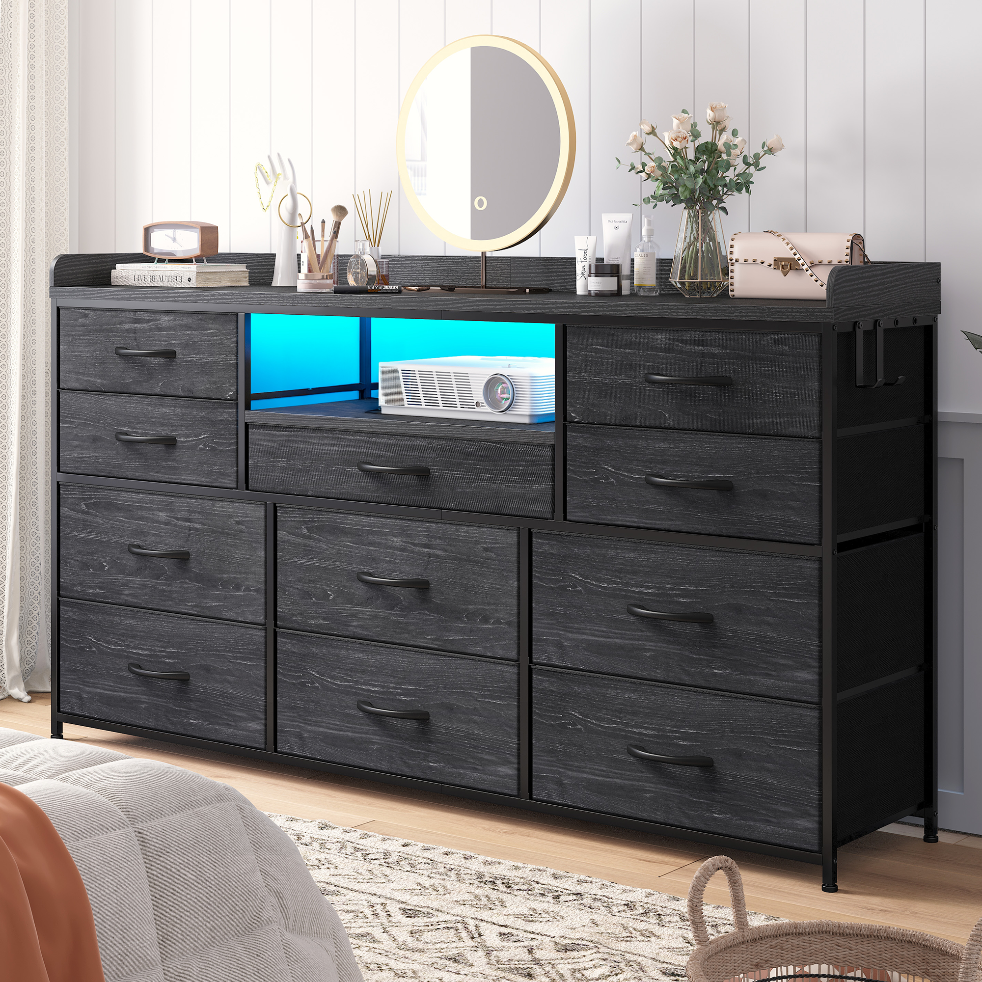‌60" Dresser TV Stand w/11 Drawers | LED Lights, Power Outlets & Hooks | Sturdy Metal Frame & Wood Top-Charcoal Black-snhomee