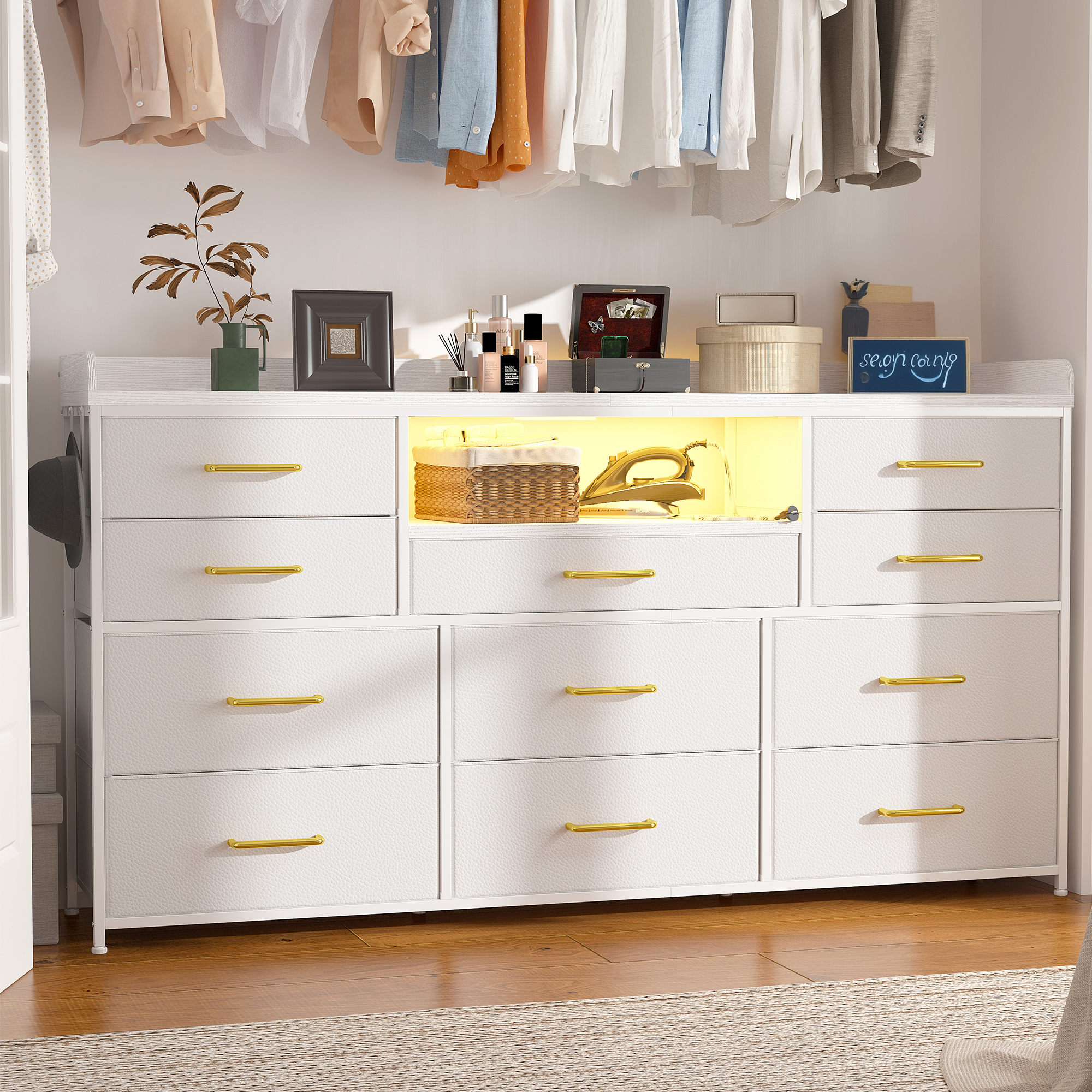 ‌60" Dresser TV Stand w/11 Drawers | LED Lights, Power Outlets & Hooks | Sturdy Metal Frame & Wood Top-Charcoal Black-snhomee