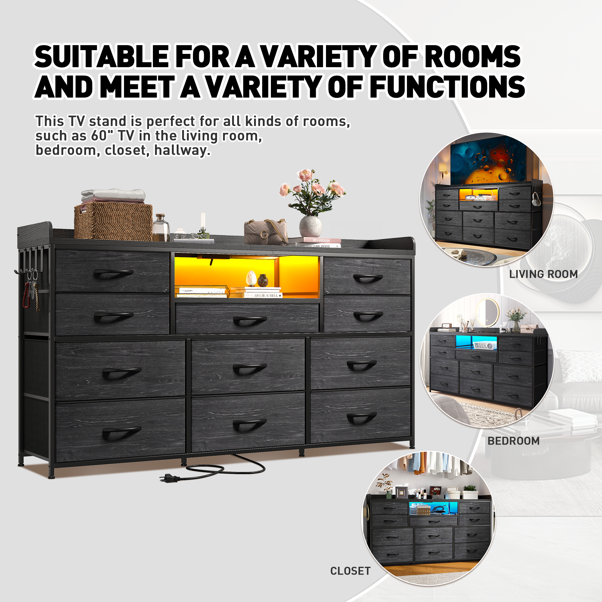 ‌60" Dresser TV Stand w/11 Drawers | LED Lights, Power Outlets & Hooks | Sturdy Metal Frame & Wood Top-Charcoal Black-snhomee