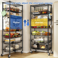 Snhomee 7‑Tier Rolling Wire Shelving with Basket & Locking Wheels, 610 lbs, 30 Inch Wide,  4 Side Hooks, Adjustable Storage Rack for Pantry Kitchen Commercial Use