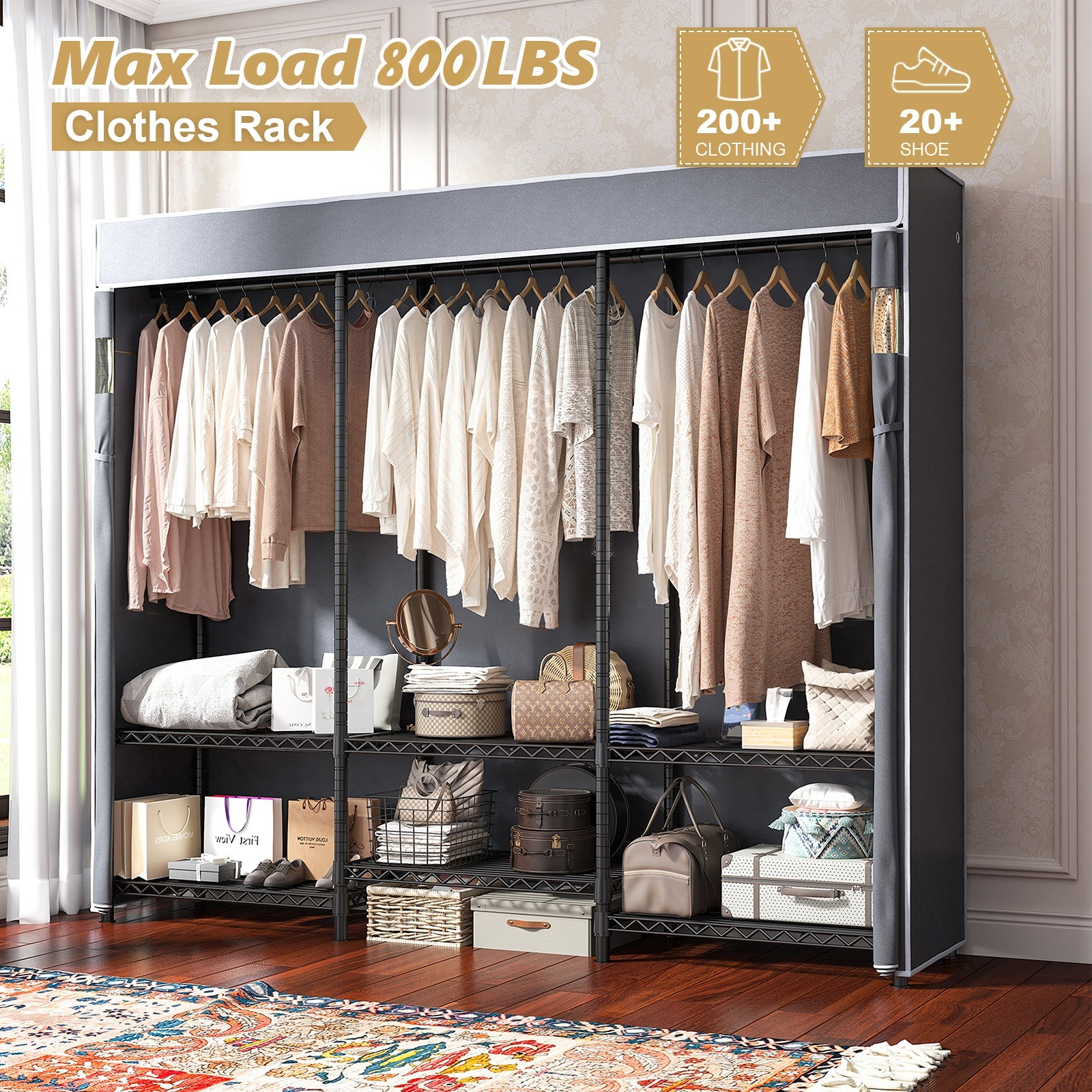 Snhomee  56”W Heavy Duty Clothes Rack with Cover 800LBS - 5-Tier Portable Closet, Adjustable Shelves & Hanging Rods, Tool-Free Assembly, 56"W for Bedroom/Laundry