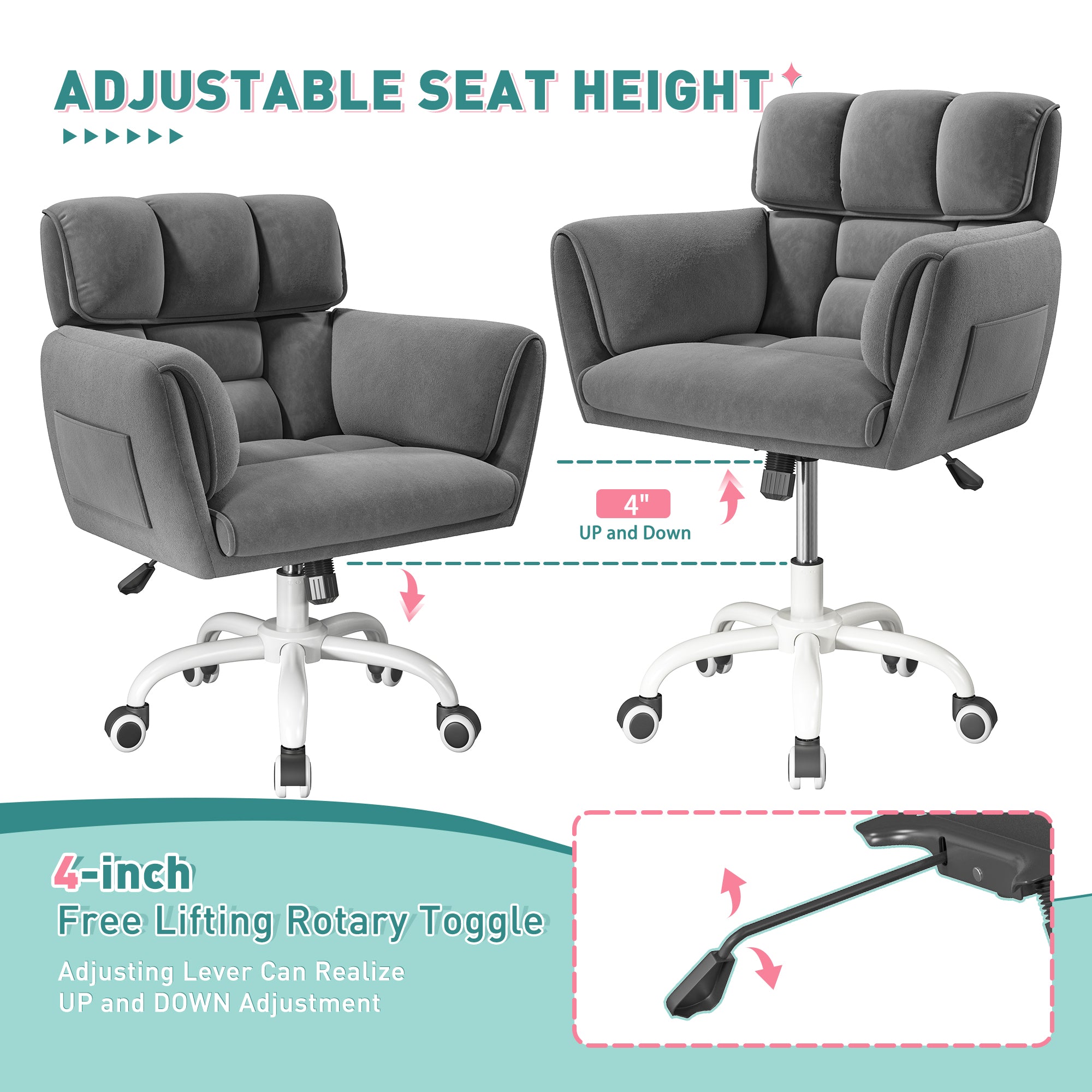 Modern Adjustable Vanity Chair with Wheels | Skin-Friendly Upholstery & Side Pockets | Bedroom Makeup Seat | Home Office Chair-Beige-snhomee