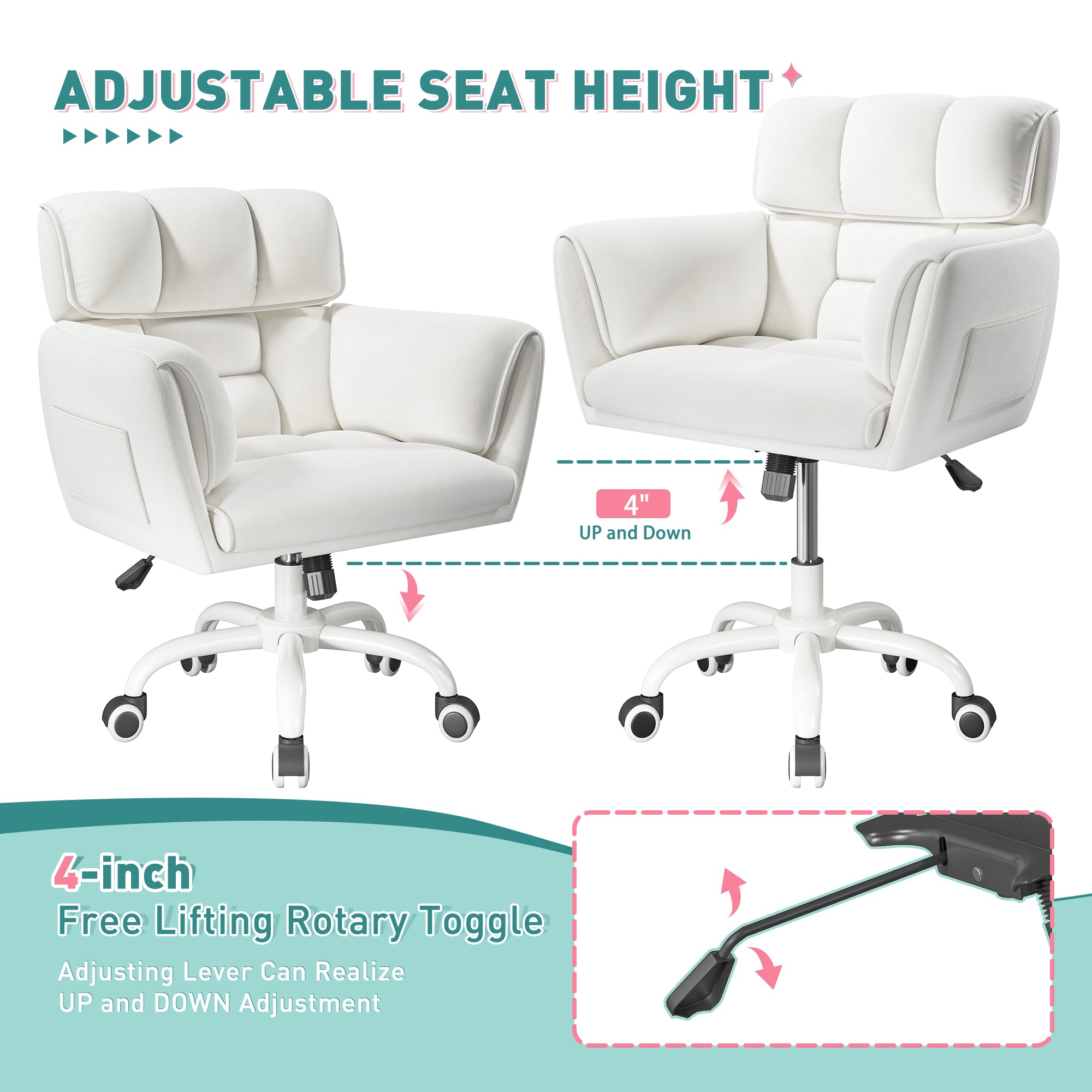 Modern Adjustable Vanity Chair with Wheels | Skin-Friendly Upholstery & Side Pockets | Bedroom Makeup Seat | Home Office Chair-Beige-snhomee