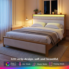 Snhomee Solid Wood Bed Frame with Upholstered Headboard,800 LBS Bed Frame with LED Lights & Charging Station, Noise-Free