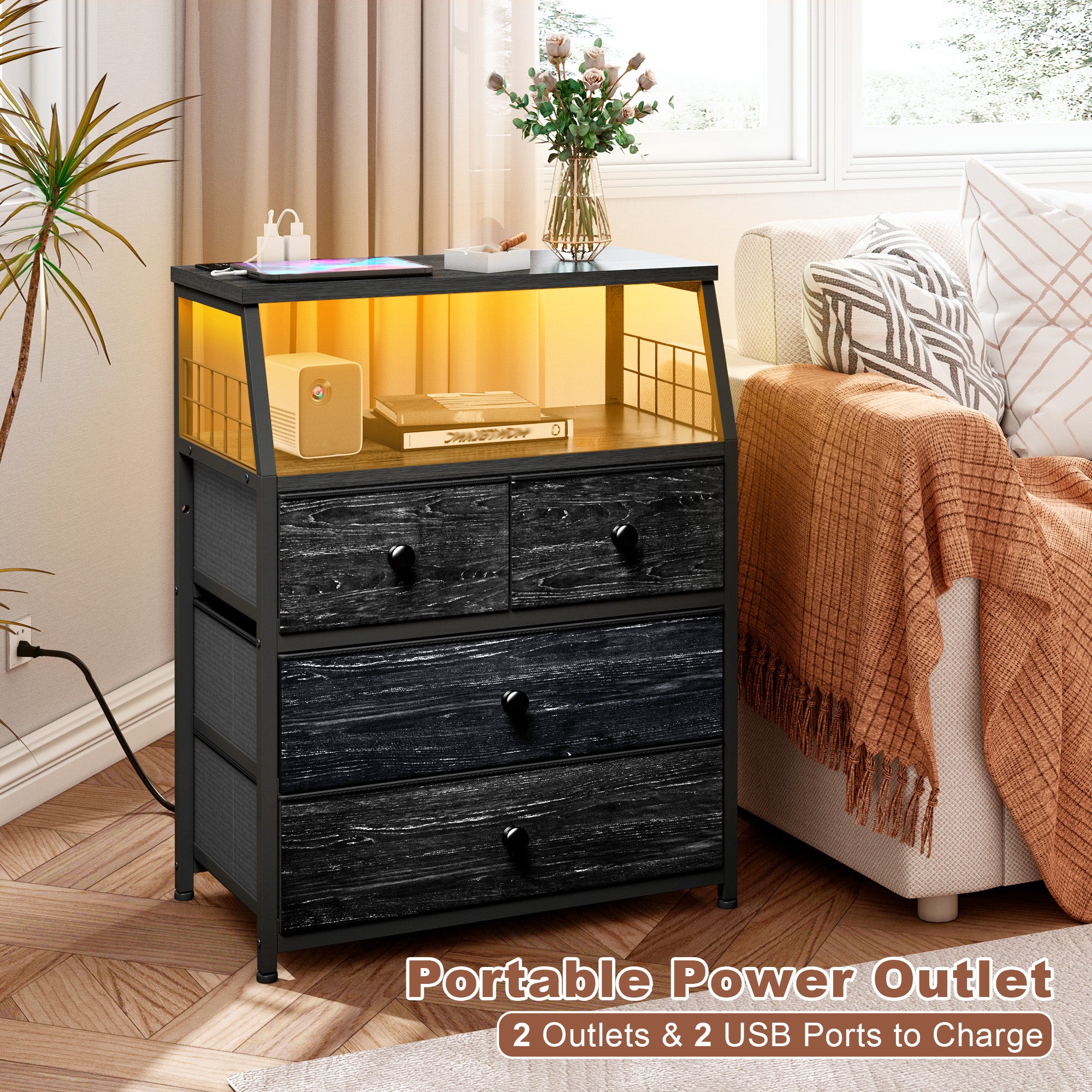 LED Nightstands with Charging Station: 4 Fabric Drawers, USB Ports & Outlets for Bedroom-Rustic Brown-1-snhomee