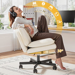 Ergonomic Cross-Legged Office Chair – 27" Wide PU Leather Seat, Adjustable Height & Swivel, Armless Design with 2-Layer Cushion & Wheels for Home Office or Vanity