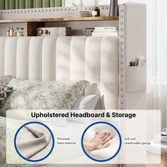 Snhomee Upholstered Bed Frame with Storage Headboard & 2 Drawers, No Box Spring Needed, Noise-Free Padded Platform Bed