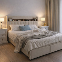 Snhomee Upholstered Bed Frame with Storage Headboard & 2 Drawers, No Box Spring Needed, Noise-Free Padded Platform Bed