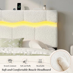 Snhomee Boucle Upholstered Platform Bed with Wavy LED Headboard, Built-In Shelf, Charging Station & 880 lbs Noise-Free