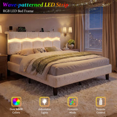 Snhomee Boucle Upholstered Bed Frame with Wavy LED Lights, Charging Station & Storage Headboard, Noise-Free, 880 lbs Weight Capacity