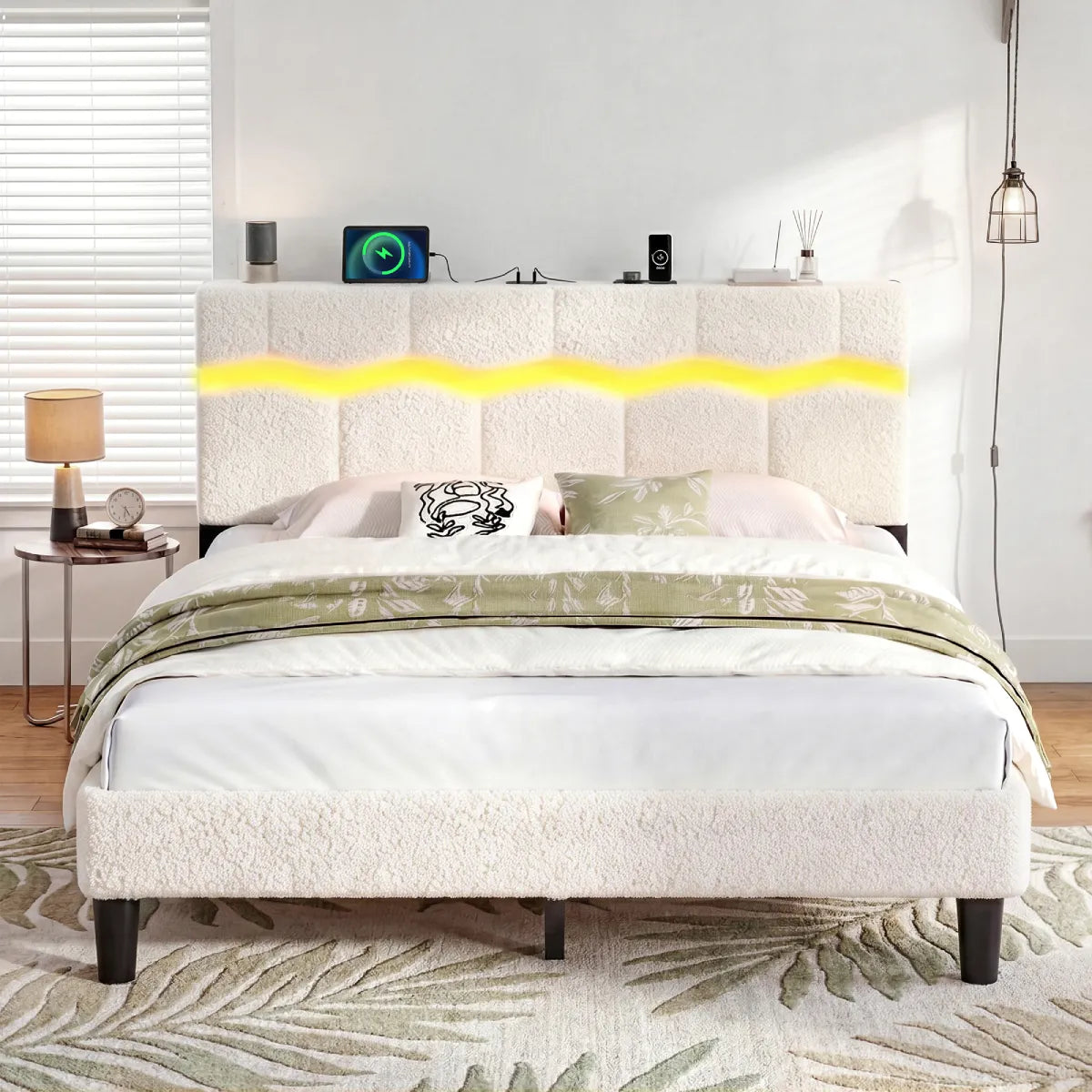 Snhomee Boucle Upholstered Platform Bed with Wavy LED Headboard, Built-In Shelf, Charging Station & 880 lbs Noise-Free
