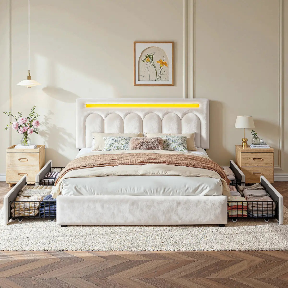 Snhomee Velvet LED Upholstered Bed Frame with 4 Storage Drawers, Adjustable Headboard Height, 1000 lbs Heavy-Duty Platform Bed with Wooden Slats, Noise-Free, Easy Assembly