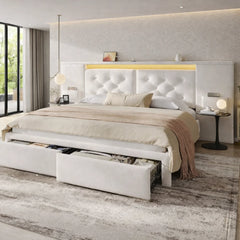 Snhomee Queen Size Velvet Upholstered Bed Frame with 89.5" Extra-Wide Tufted Headboard, 2 Storage Drawers, LED Lights & Charging Station, Luxury Platform Bed, No Box Spring Needed
