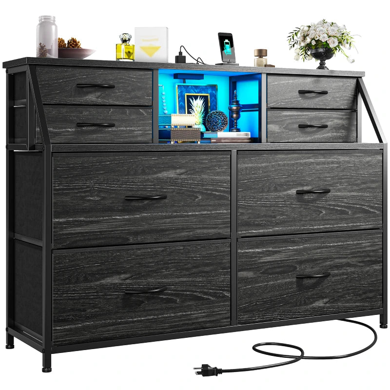 Snhomee 8-Drawer Dresser with LED Lights and Built-in Charging Station, Durable Storage Chest with Open Shelves for Bedroom, Living Room, or Hallway