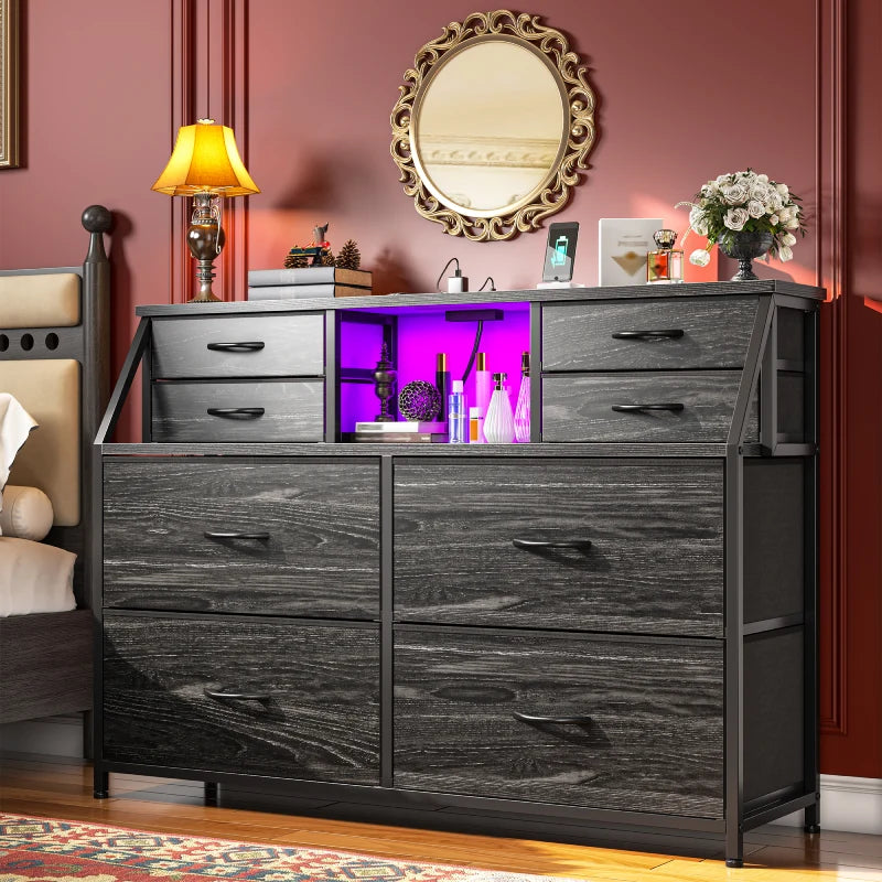 Snhomee 8-Drawer Dresser with LED Lights and Built-in Charging Station, Durable Storage Chest with Open Shelves for Bedroom, Living Room, or Hallway