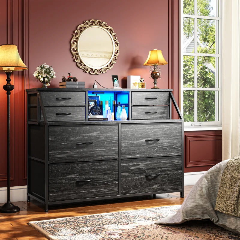 Snhomee 8-Drawer Dresser with LED Lights and Built-in Charging Station, Durable Storage Chest with Open Shelves for Bedroom, Living Room, or Hallway