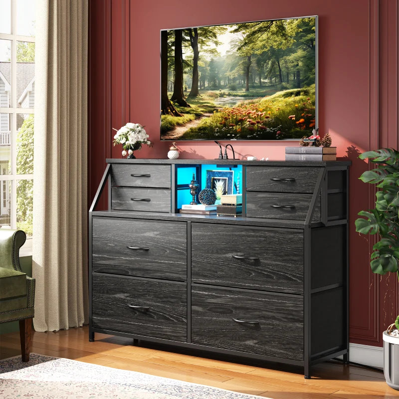 Snhomee 8-Drawer Dresser with LED Lights and Built-in Charging Station, Durable Storage Chest with Open Shelves for Bedroom, Living Room, or Hallway