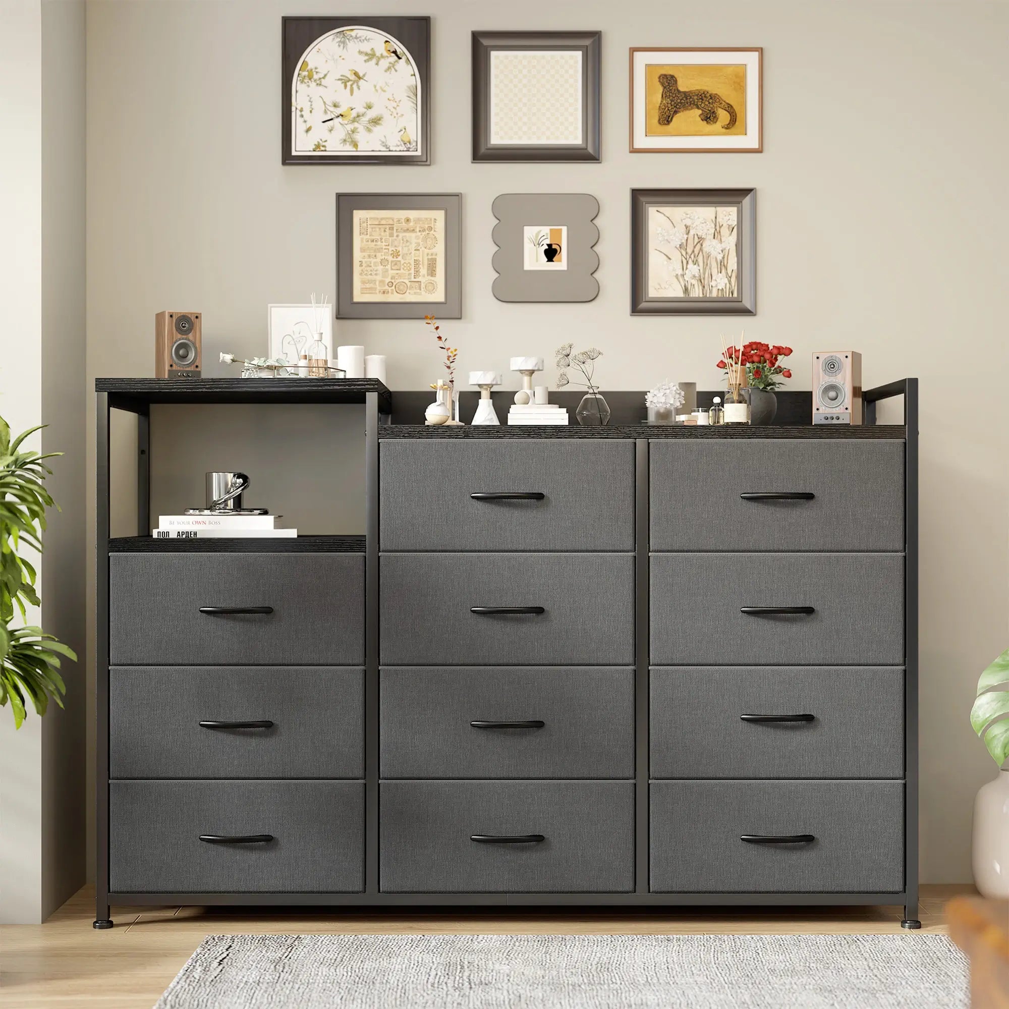 Dresser with Shelves – Wide Bedroom Storage Cabinet & TV Stand with Wood Top and Metal Frame Grey