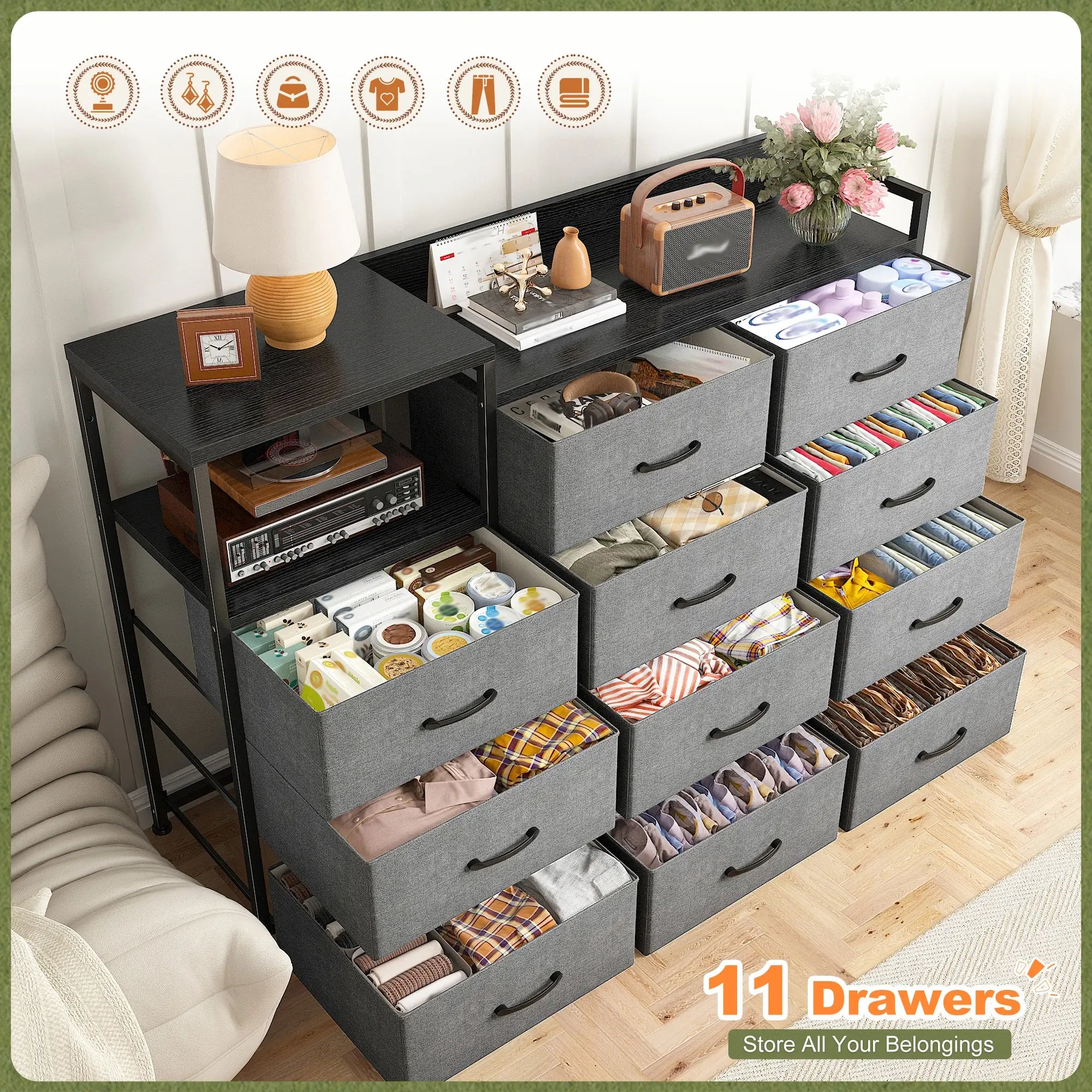 Snhomee 11-Drawer Dresser with Shelves – Wide Bedroom Storage Cabinet & TV Stand with Wood Top and Metal Frame