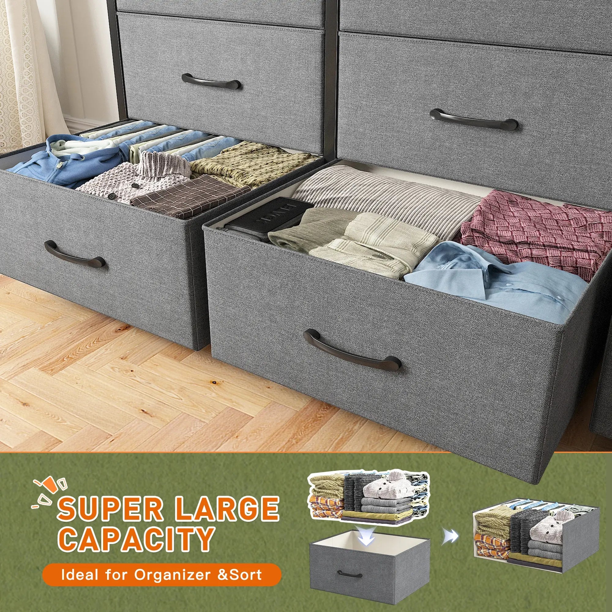 Snhomee 11-Drawer Dresser with Shelves – Wide Bedroom Storage Cabinet & TV Stand with Wood Top and Metal Frame