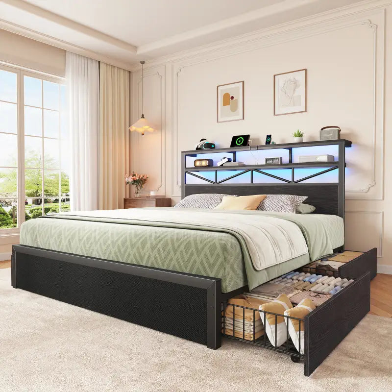 Snhomee Bed Frame with 4-Tier Storage Headboard, Fast Charging Station & Smart LED Light,  880 lbs Heavy Duty Support,Easy Assembly