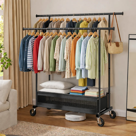 Snhomee Double Rod Clothing Rack with Storage Bag & Sturdy Wheels, rolling clothing racks,Metal Garment Rack for Closet Organizers and Storage 1200
