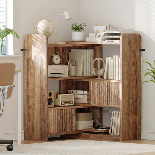 Snhomee Expandable Book Shelf,L Shaped Corner Bookshelf with 2 Enclosed Storage Cabinet, Wooden Corner Bookshelf for Bedroom, Living Room, Home Office 800