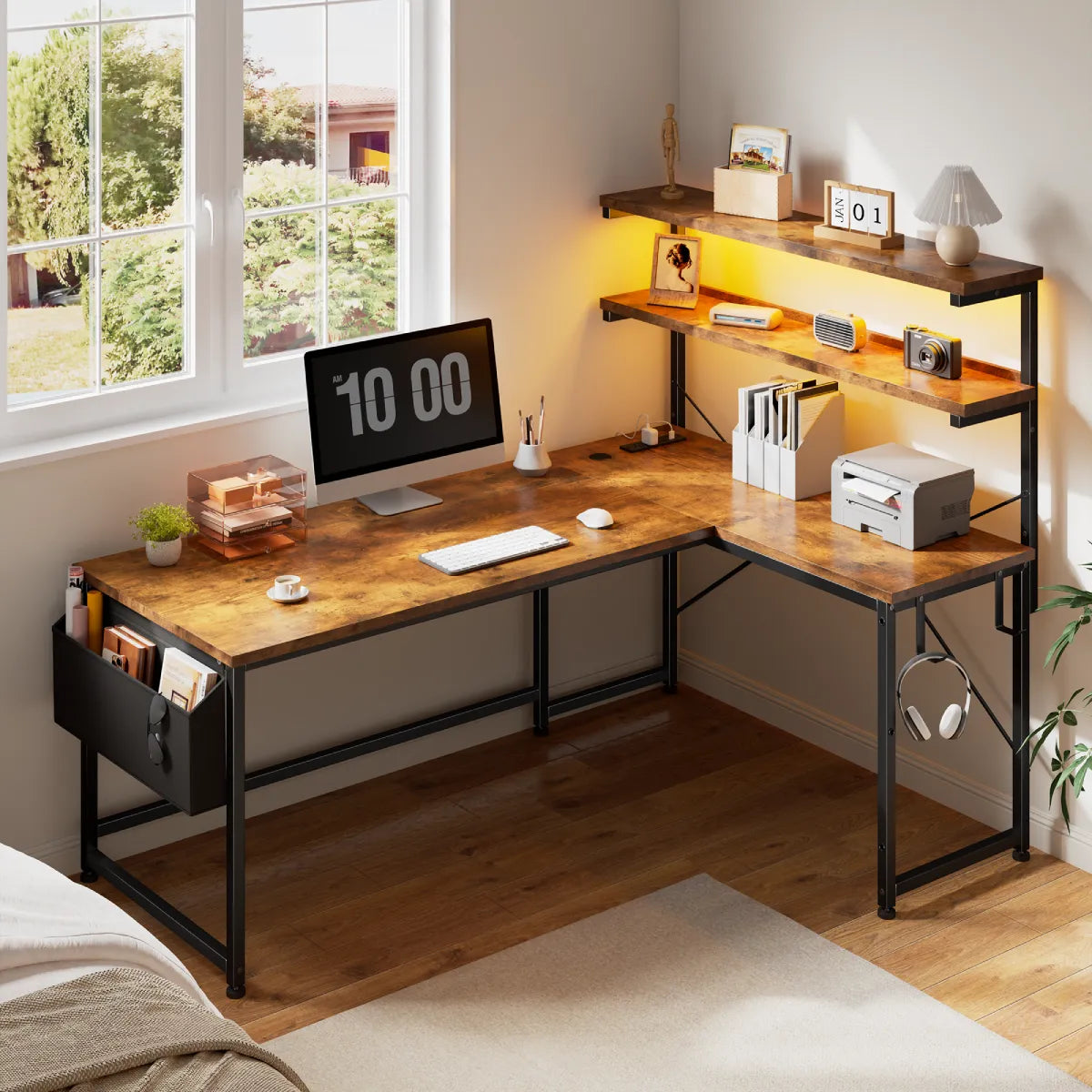 Snhomee L-Shaped Computer Desk with 2-Tier Storage Shelf, Built-in LED Lights & Power Outlets, Reversible Gaming Desk for Bedroom or Home Office, Easy Assembly