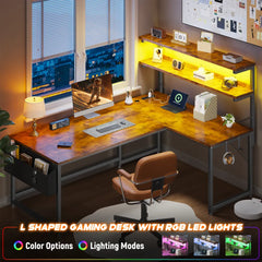Snhomee L-Shaped Computer Desk with 2-Tier Storage Shelf, Built-in LED Lights & Power Outlets, Reversible Gaming Desk for Bedroom or Home Office, Easy Assembly