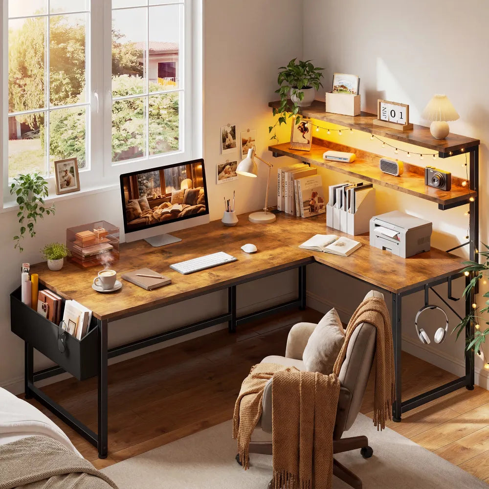 Snhomee L-Shaped Computer Desk with 2-Tier Storage Shelf, Built-in LED Lights & Power Outlets, Reversible Gaming Desk for Bedroom or Home Office, Easy Assembly