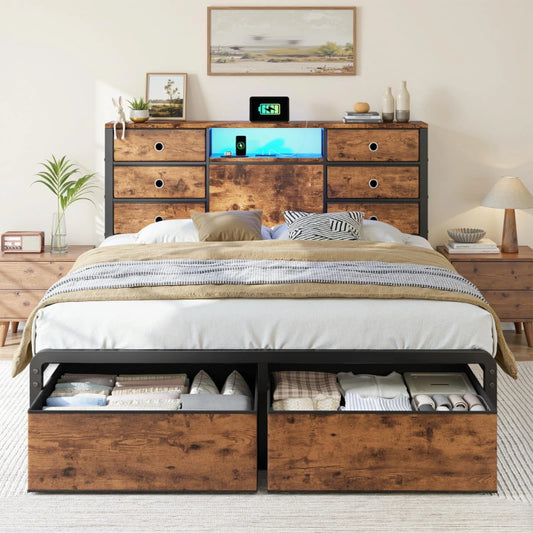 Snhomee Bed Frame with 8 Storage Drawers and Charging Station, Metal Platform Bed Frame with LED Lights and Headboard Storage, No Noise, Easy Assembly 800