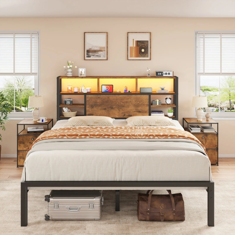 Snhomee Bed Frame with Storage Headboard, LED Lights and Charging Station, Heavy Duty Metal Platform Bed Frame, 1100 LBS Capacity, No Box Spring Needed, Easy Assembly