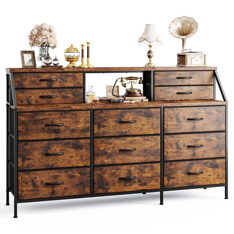 industrial dresser Snhomee 55"W Dresser for Bedroom with 2 Open Shelves, Chest of Drawers with Metal Frame & Wooden Shelves Top for Entryway, Closet White