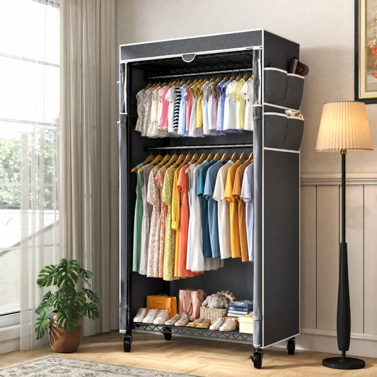 Snhomee 79"H Heavy Duty Rolling Clothing Rack with Cover & Adjustable Height - Wheeled Garment Rack for Hanging, Portable Closet Organizer 800