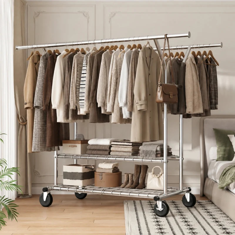 Heavy duty clothes rack 630 lbs capacity with lockable wheels for bedroom.