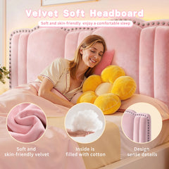 Snhomee Bed Frame with Cloud Headboard, LED Lights, Noise Free & Easy Assembly, Cute Aesthetic Bedroom Platform