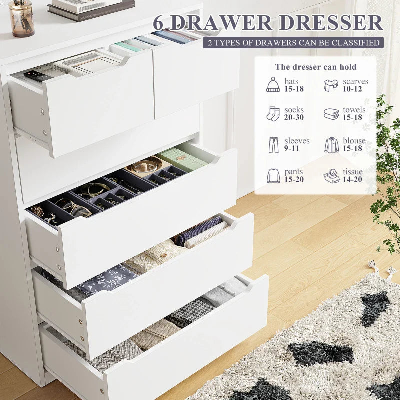 6-Drawer White Tall Wood Dresser 43.3"H Bedroom Wood Dresser for Closet-Furniture > Dresser-snhomee