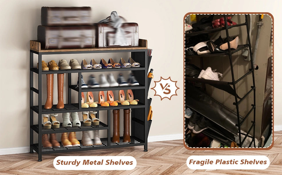 Snhomee  6 Tier Metal Shoe Rack for Entryway, Shoe Storage Organizer Holds 20-24 Pairs, Wooden Top and Side Pocket for Entry, Entrance, Hallway, Dormitory