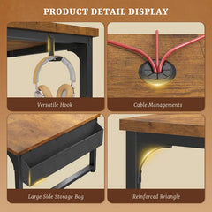 Snhomee 55"W Heavy Duty Computer Desk with 24mm Thick Desktop, Monitor Stand, Power Outlets & LED Lights, Writing Desk for Home Office, Study and Gaming