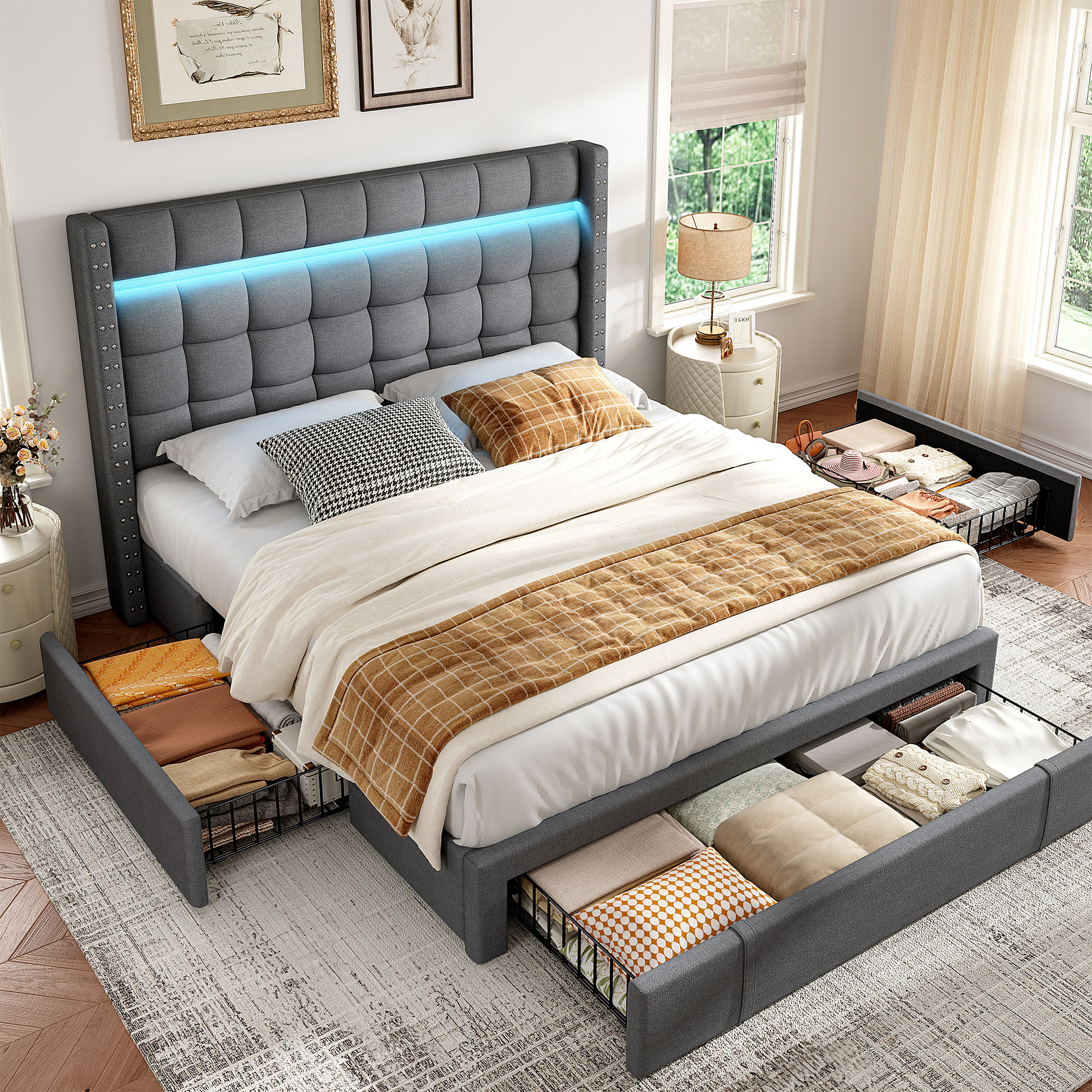 SnHomee Bedroom Frame with 3 Storage Drawers & LED Upholstered Bed Frame with Adjustable Headboard