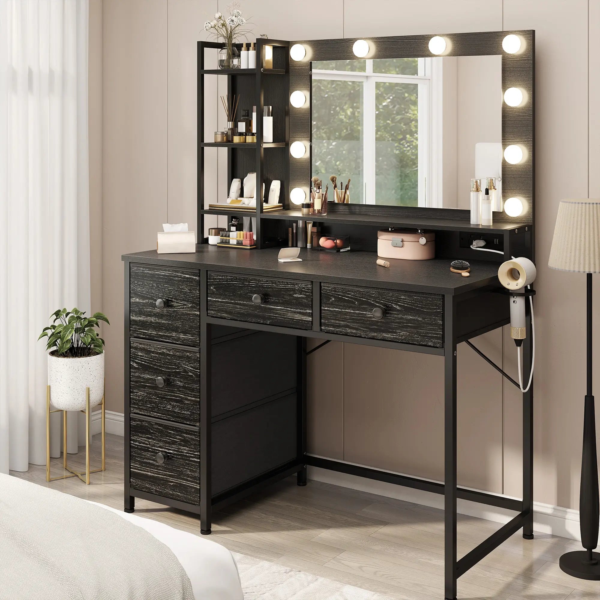 enhomee modern vanity desk with lights and drawers black in daytime