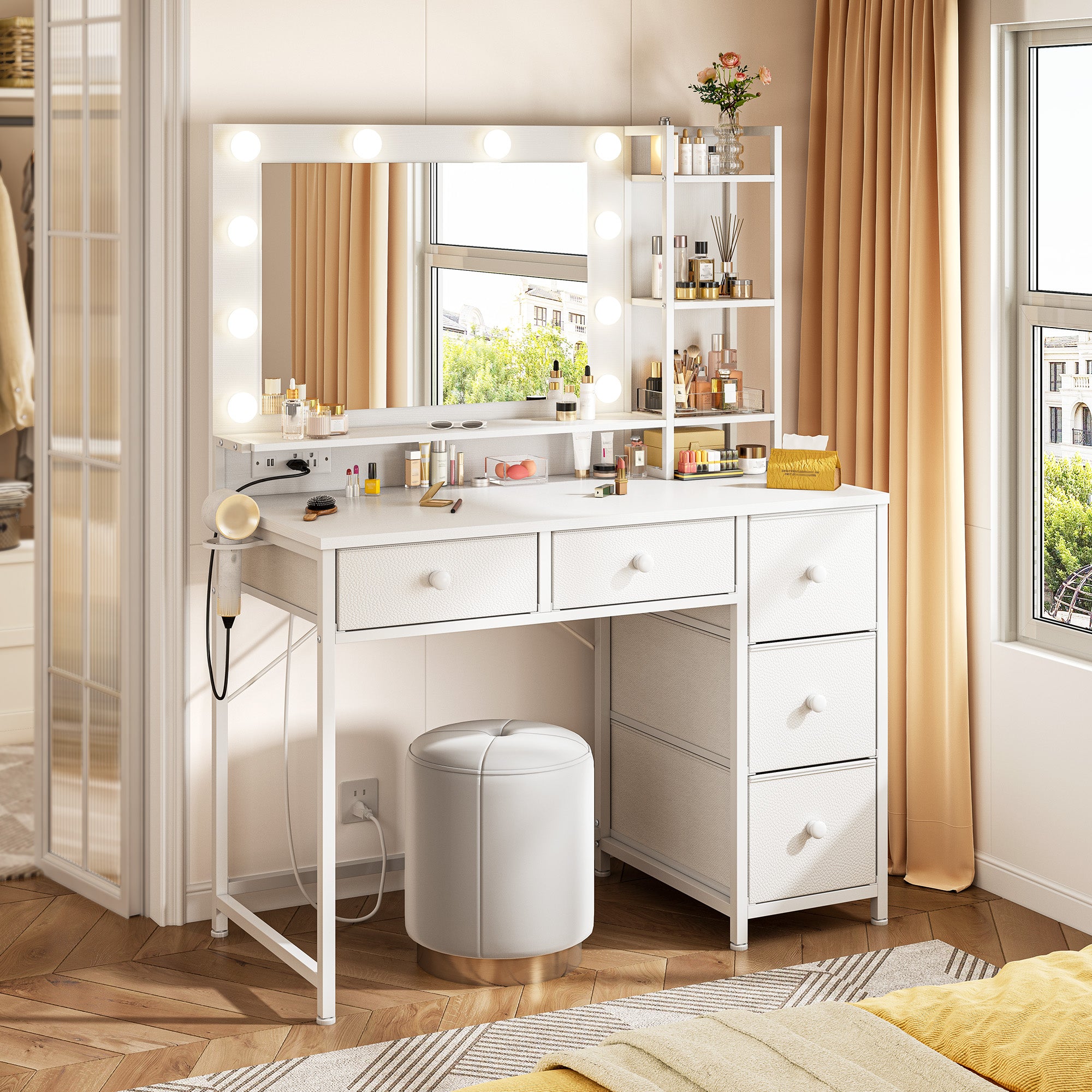 Snhomee Vanity Desk with Mirror&Lights, Makeup Vanity with 5 Fabric Drawers, Charging Port & Hair Dryer Rack, for Bedroom or Dressing Room Black Snhomee Vanity Desk with Mirror&Lights, Makeup Vanity with 5 Fabric Drawers, Charging Port & Hair Dryer Rack, for Bedroom or Dressing Room Black
