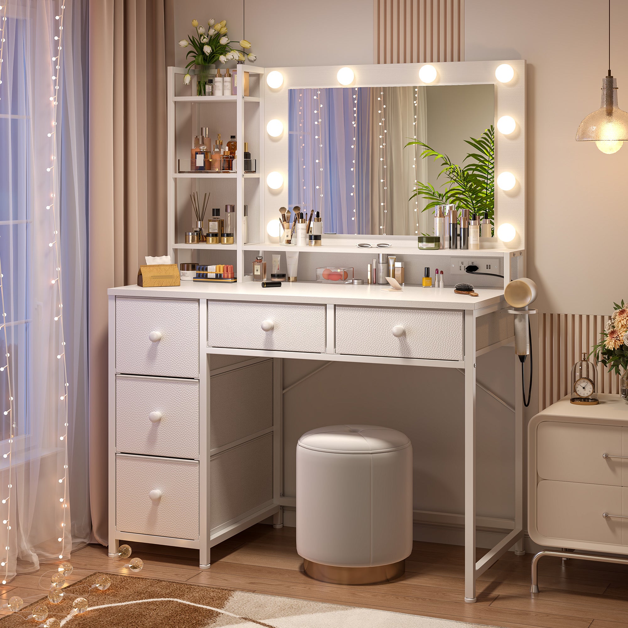white vanity dresser Snhomee Vanity Desk with Mirror&Lights, Makeup Vanity with 5 Fabric Drawers, Charging Port & Hair Dryer Rack, for Bedroom or Dressing Room Black