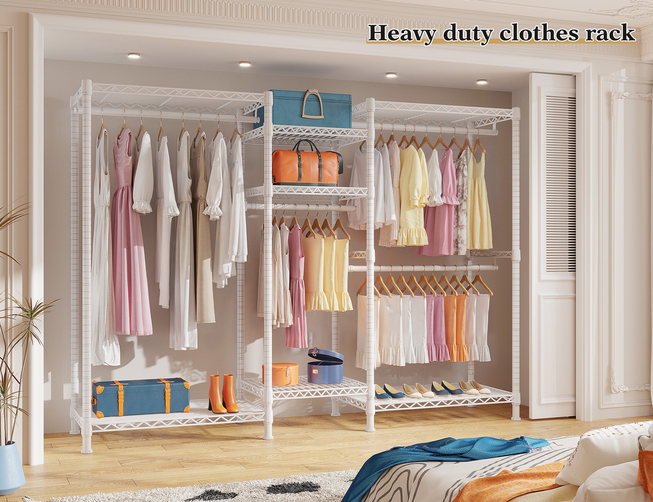 Clothing Racks for Hanging Clothes, Heavy Duty Clothes Rack Load 725LBS, Adjustable Metal Wardrobe Closet, White-Clothing & Closet Storage-snhomee