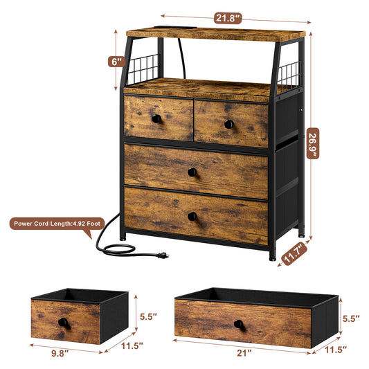 LED Nightstands with Charging Station: 4 Fabric Drawers, USB Ports & Outlets for Bedroom-Rustic Brown-1-snhomee