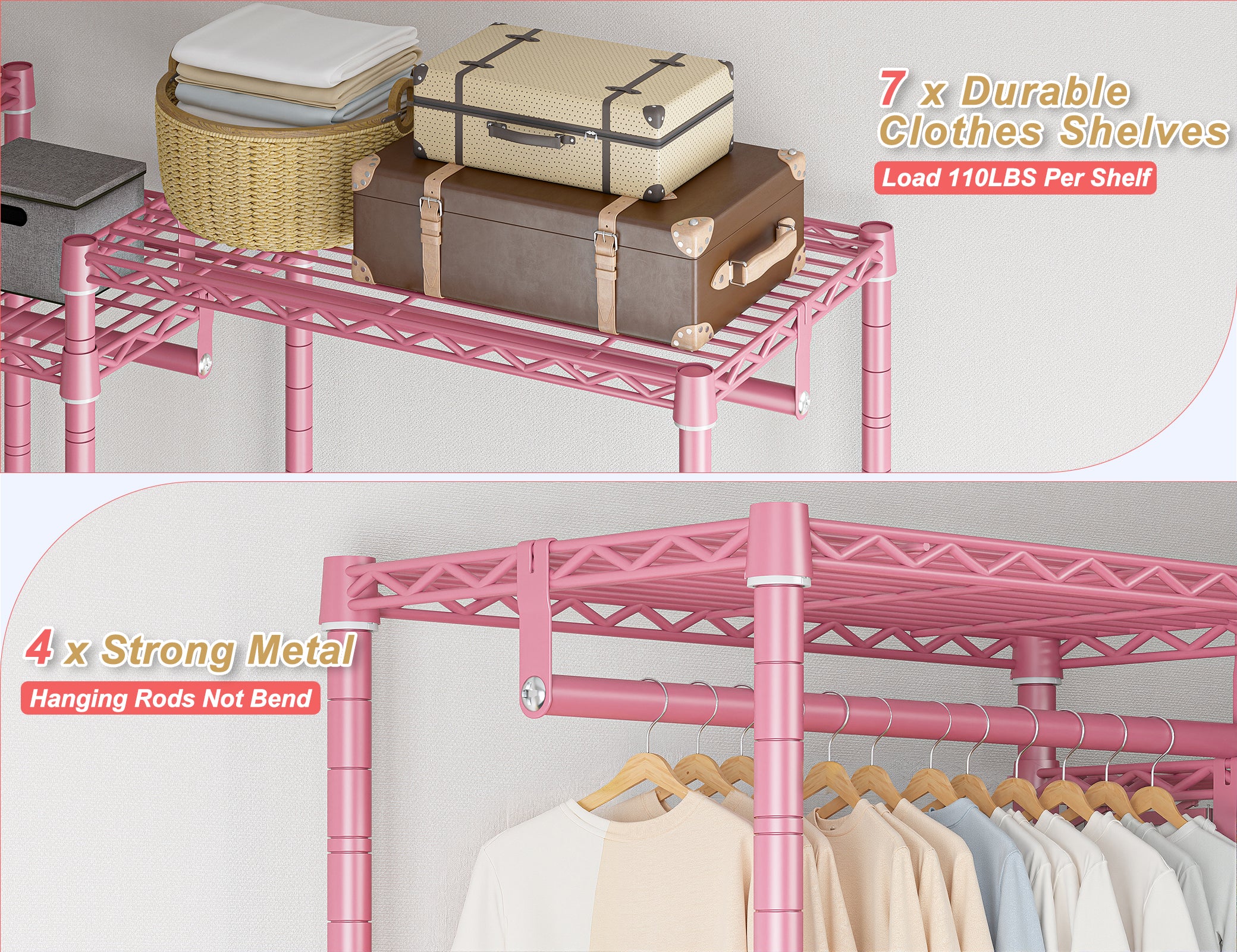 Clothing Racks for Hanging Clothes, Heavy Duty Clothes Rack Load 730LBS, Metal Wardrobe Closet, 77" H, Pink-Home Storage > Clothes Rack-snhomee